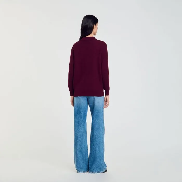 Women Sweaters and Cardigans SANDRO Cable Knit PoloNeck Sweater Burgundy