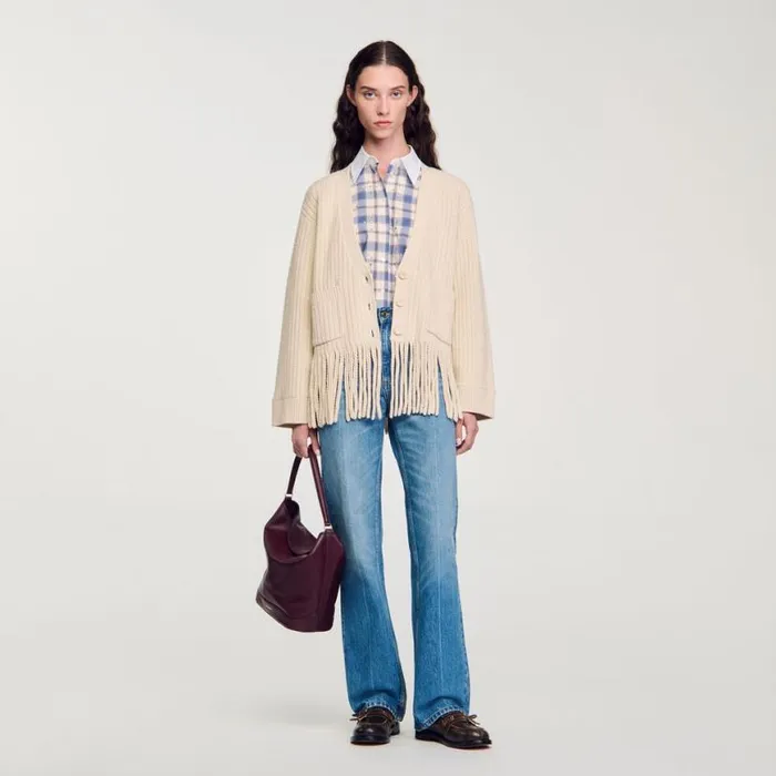 Women Sweaters and Cardigans SANDRO Fringed Knit Cardigan Ecru