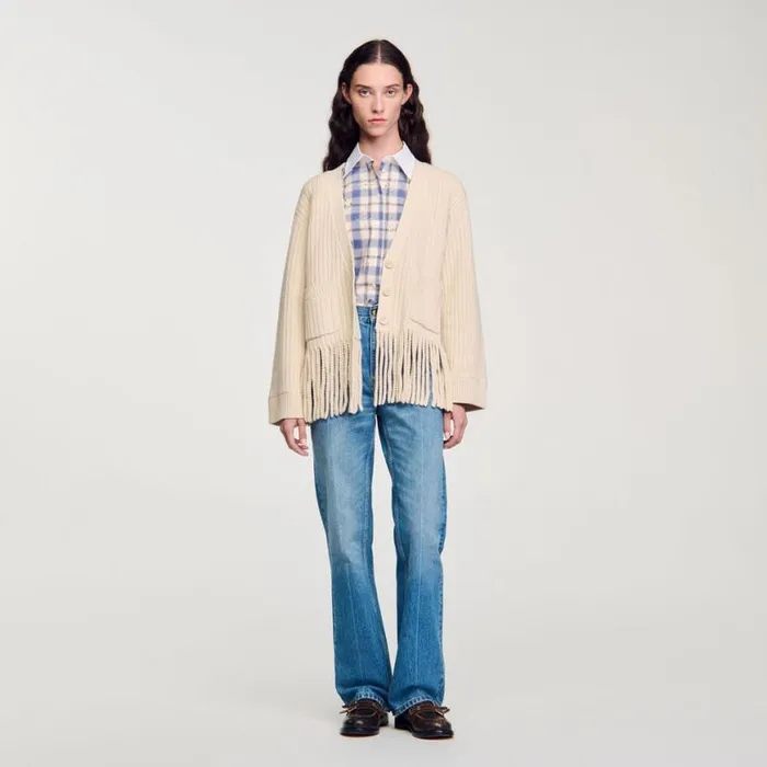 Women Sweaters and Cardigans SANDRO Fringed Knit Cardigan Ecru