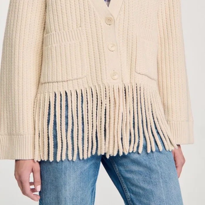 Women Sweaters and Cardigans SANDRO Fringed Knit Cardigan Ecru
