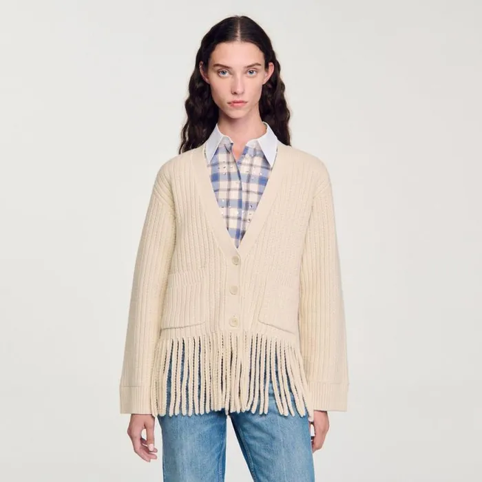 Women Sweaters and Cardigans SANDRO Fringed Knit Cardigan Ecru