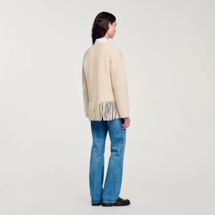 Women Sweaters and Cardigans SANDRO Fringed Knit Cardigan Ecru