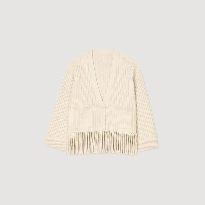 Women Sweaters and Cardigans SANDRO Fringed Knit Cardigan Ecru