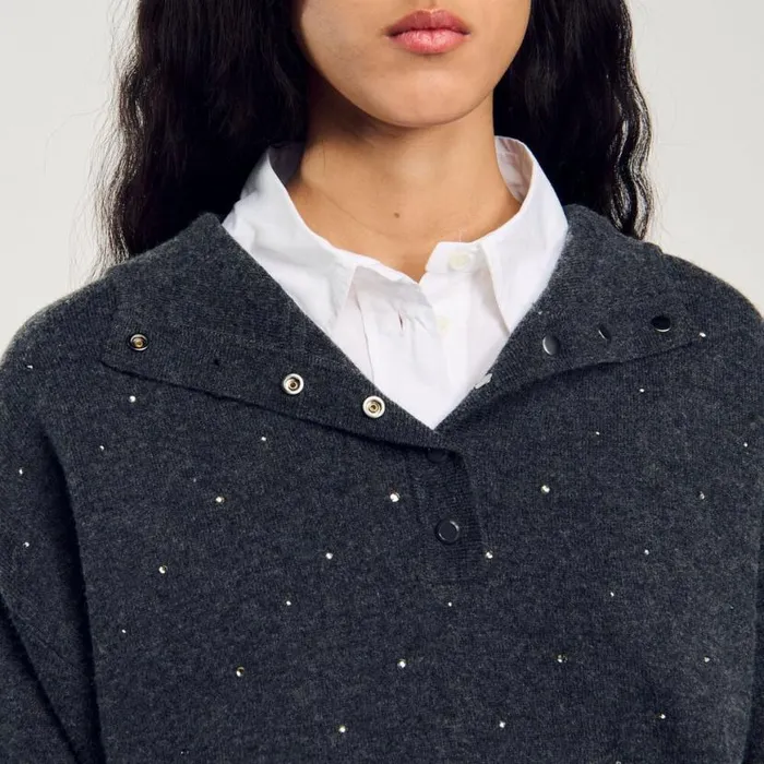 Women Sweaters and Cardigans SANDRO Rhinestone Hooded Sweater Dark Grey Women Sweaters and Cardigans SANDRO Rhinestone Hooded Sweater Dark Grey