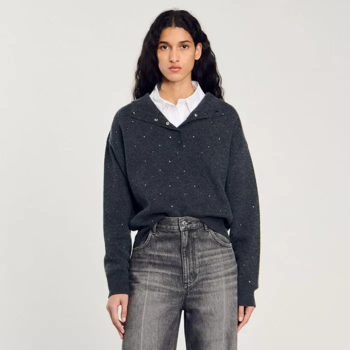 Women Sweaters and Cardigans SANDRO Rhinestone Hooded Sweater Dark Grey Women Sweaters and Cardigans SANDRO Rhinestone Hooded Sweater Dark Grey