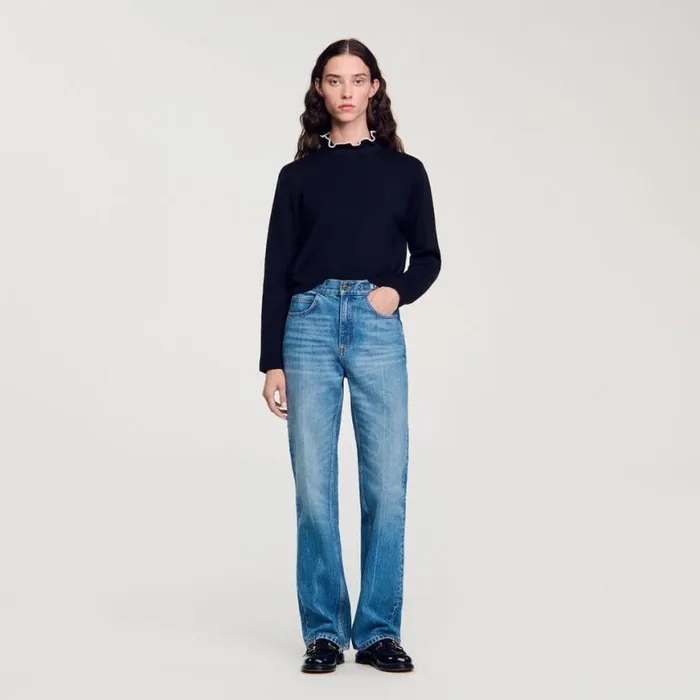Women Sweaters and Cardigans SANDRO RuffledNeck Sweater Navy Blue