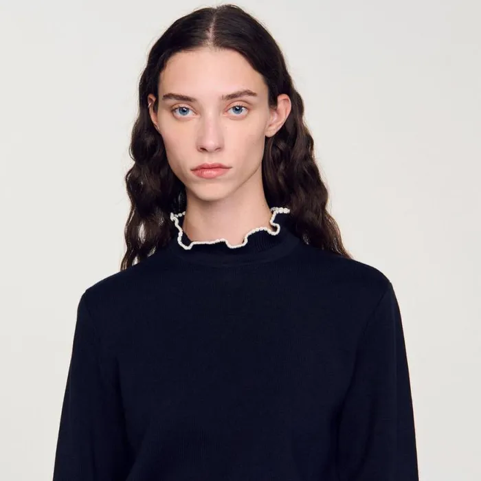 Women Sweaters and Cardigans SANDRO RuffledNeck Sweater Navy Blue