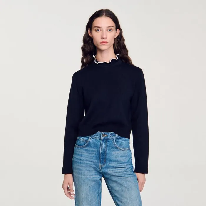 Women Sweaters and Cardigans SANDRO RuffledNeck Sweater Navy Blue
