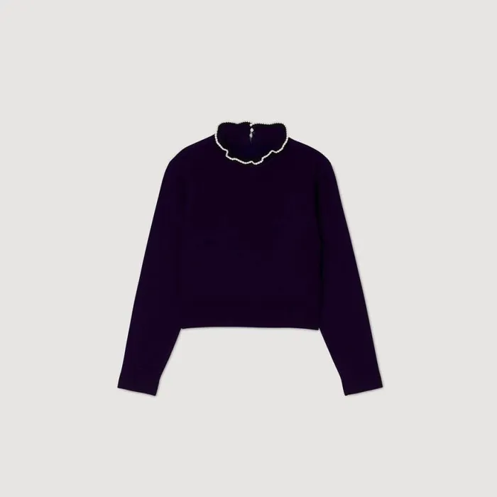 Women Sweaters and Cardigans SANDRO RuffledNeck Sweater Navy Blue