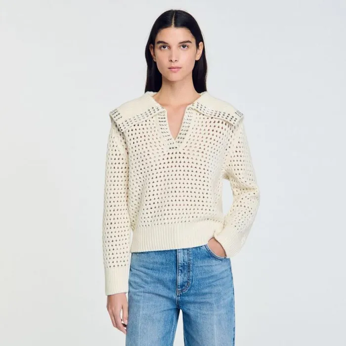 Women Sweaters and Cardigans SANDRO SailorNeck Wool Sweater Ecru