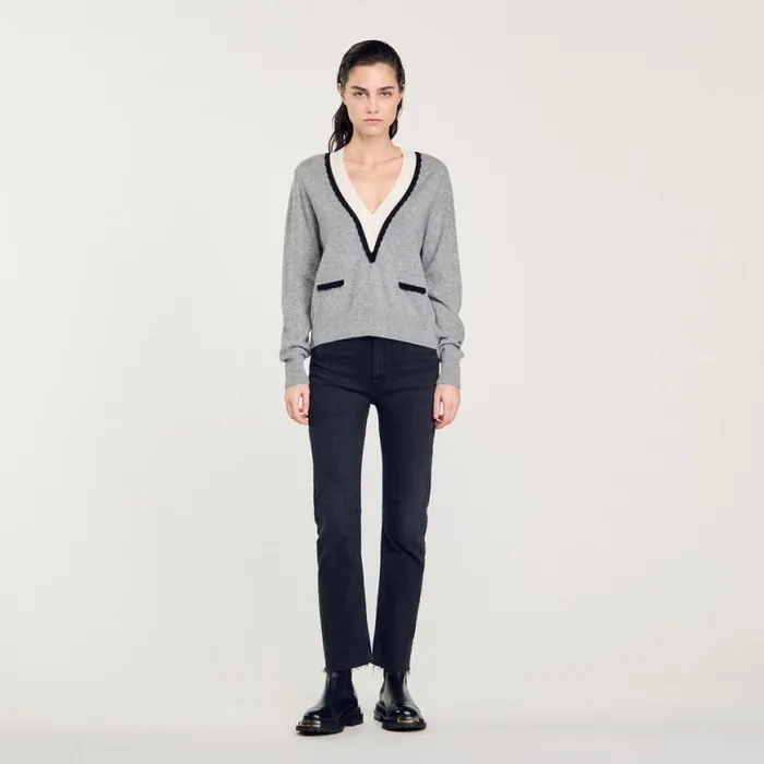 Women Sweaters and Cardigans SANDRO Sweater With Contrasting Deep Vneck Mocked Grey