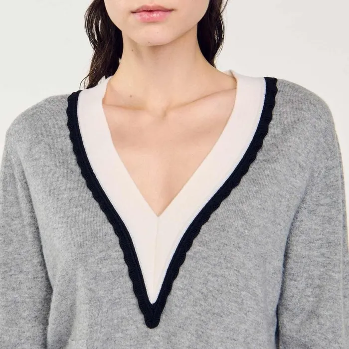 Women Sweaters and Cardigans SANDRO Sweater With Contrasting Deep Vneck Mocked Grey