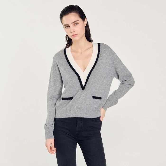 Women Sweaters and Cardigans SANDRO Sweater With Contrasting Deep Vneck Mocked Grey