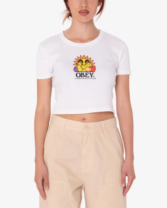Women THE FUTURE IS IN THE FRUITS OF CROPPED EMMA RIB TSHIRT White OBEY Clothing TSHIRTS