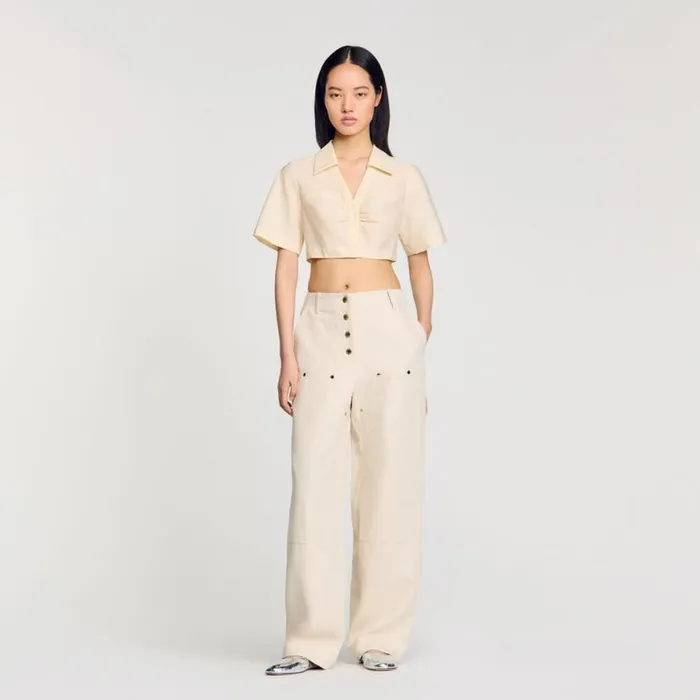 Women Tops and Shirts SANDRO Cropped Gathered Shirt Ecru