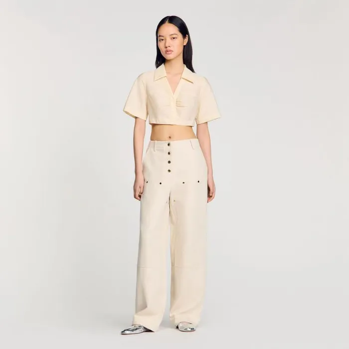 Women Tops and Shirts SANDRO Cropped Gathered Shirt Ecru