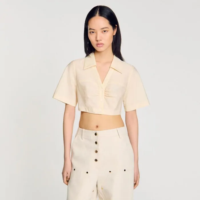 Women Tops and Shirts SANDRO Cropped Gathered Shirt Ecru