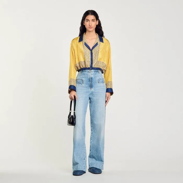 Women Tops and Shirts SANDRO Short Patterned Flowing Silk Shirt Yellow Blu