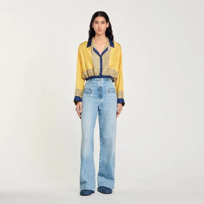 Women Tops and Shirts SANDRO Short Patterned Flowing Silk Shirt Yellow Blu
