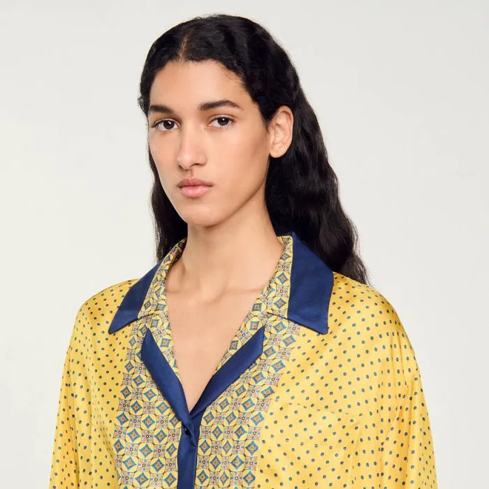 Women Tops and Shirts SANDRO Short Patterned Flowing Silk Shirt Yellow Blu