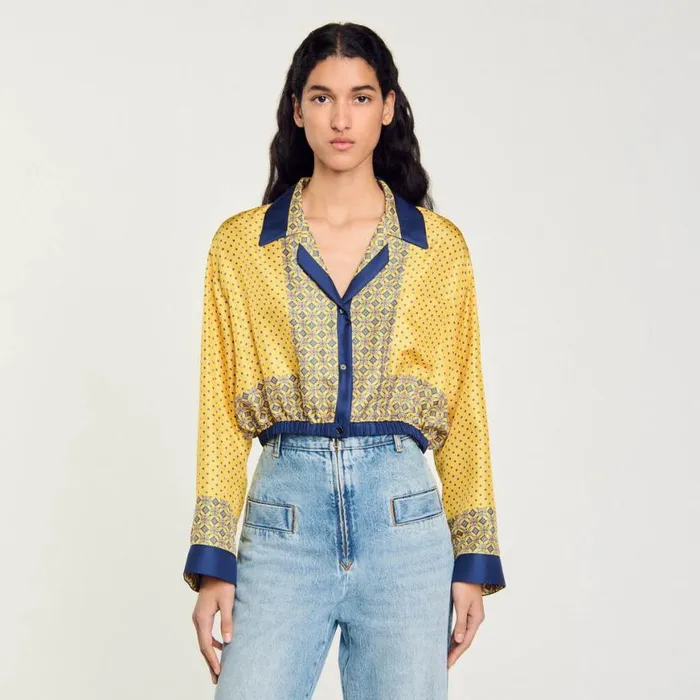 Women Tops and Shirts SANDRO Short Patterned Flowing Silk Shirt Yellow Blu