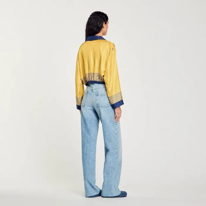 Women Tops and Shirts SANDRO Short Patterned Flowing Silk Shirt Yellow Blu