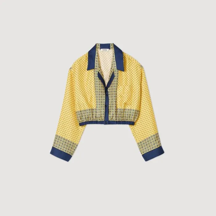 Women Tops and Shirts SANDRO Short Patterned Flowing Silk Shirt Yellow Blu