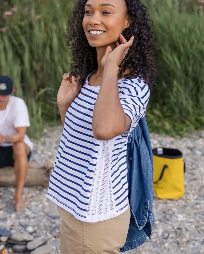 Women Tops Passenger Magnolia Recycled Cotton Crochet Trim TShirt Navy Stripe Navy Stripe