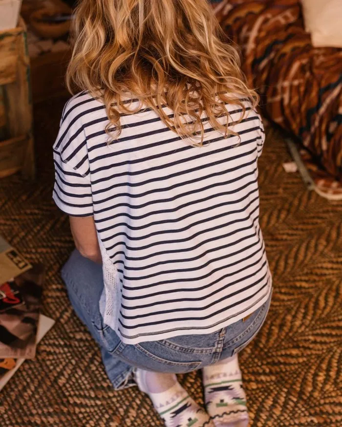 Women Tops Passenger Magnolia Recycled Cotton Crochet Trim TShirt Navy Stripe Navy Stripe