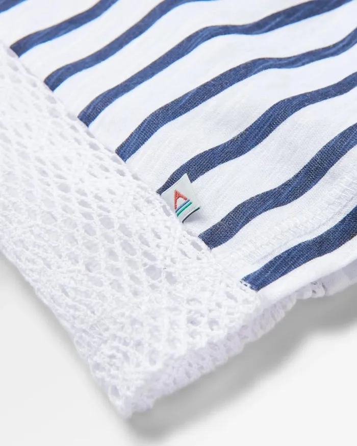 Women Tops Passenger Magnolia Recycled Cotton Crochet Trim TShirt Navy Stripe Navy Stripe