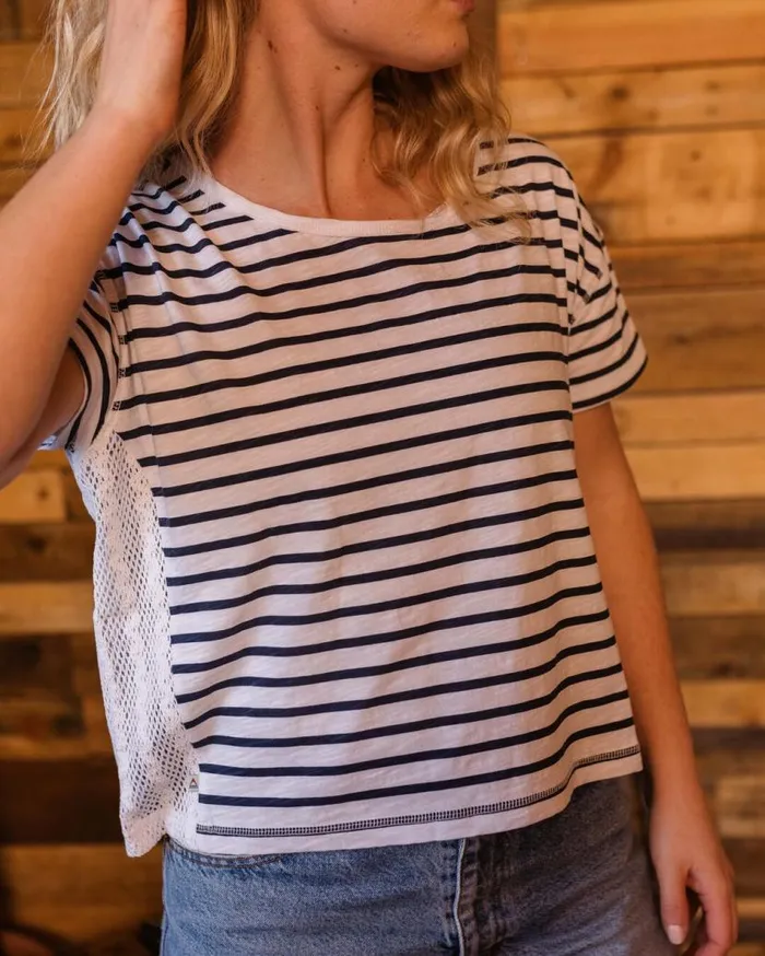 Women Tops Passenger Magnolia Recycled Cotton Crochet Trim TShirt Navy Stripe Navy Stripe