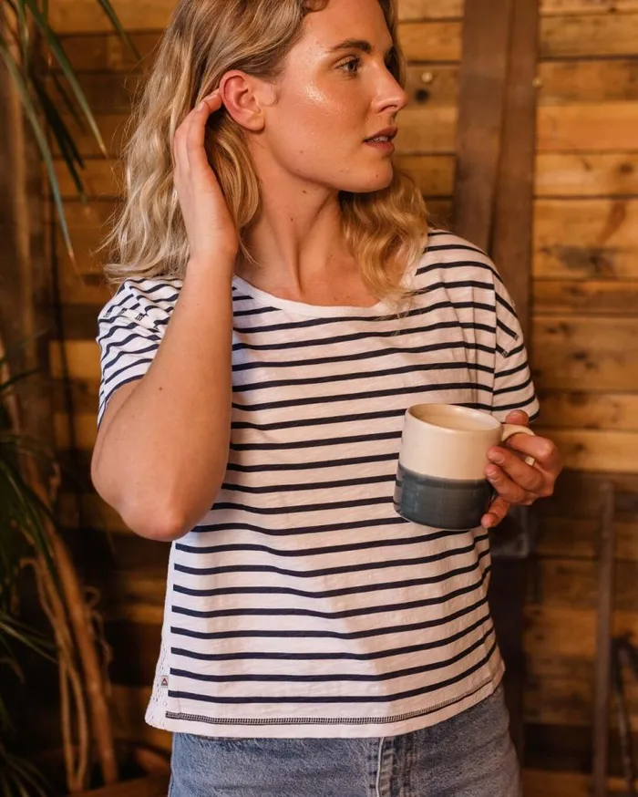 Women Tops Passenger Magnolia Recycled Cotton Crochet Trim TShirt Navy Stripe Navy Stripe