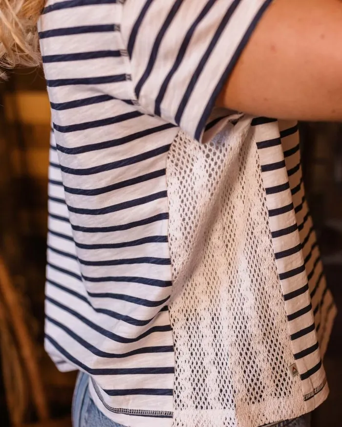 Women Tops Passenger Magnolia Recycled Cotton Crochet Trim TShirt Navy Stripe Navy Stripe