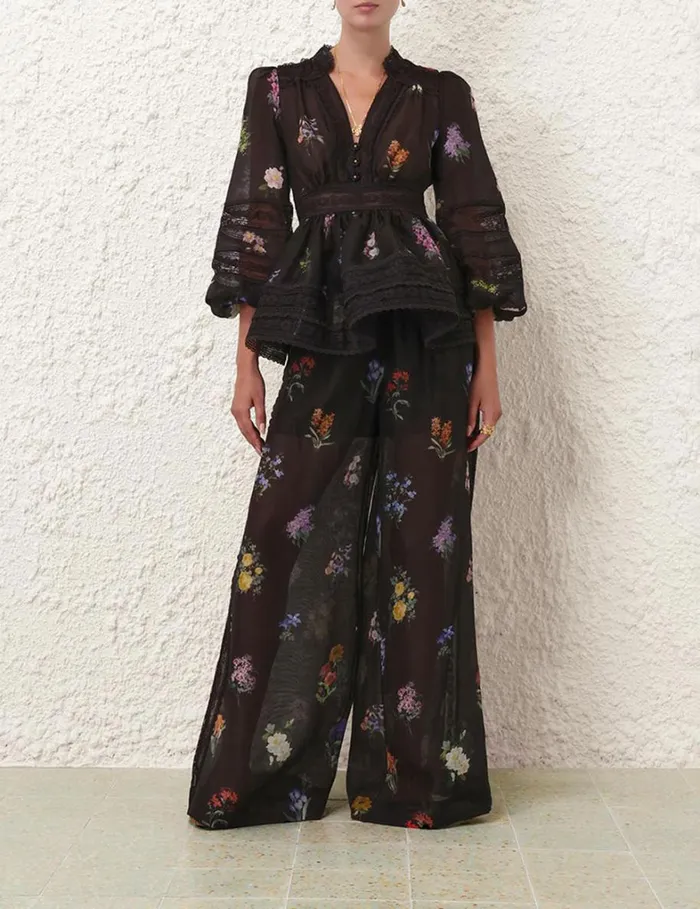 Women Tops Zimmermann Natura V Neck Lace Blouse Multi Botanical Black