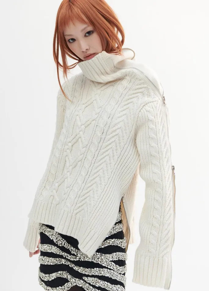 Women Turtleneck Zipper Detail Cable Sweater MONSE Knitwear
