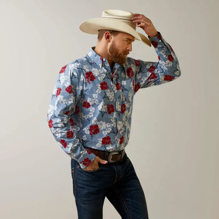 Wrinkle Resist Red White And Blue Pareau Western Aloha Stretch Classic Fit Shirt Chambray Blue Men Ariat Button Down Shirts