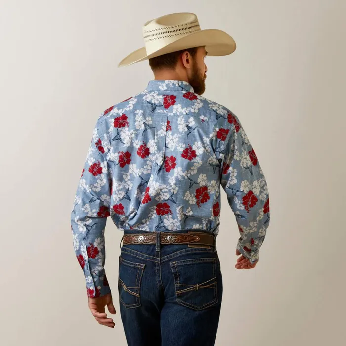 Wrinkle Resist Red White And Blue Pareau Western Aloha Stretch Classic Fit Shirt Chambray Blue Men Ariat Button Down Shirts Wrinkle Resist Red White And Blue Pareau Western Aloha Stretch Classic Fit Shirt Chambray Blue Men Ariat Button Down Shirts