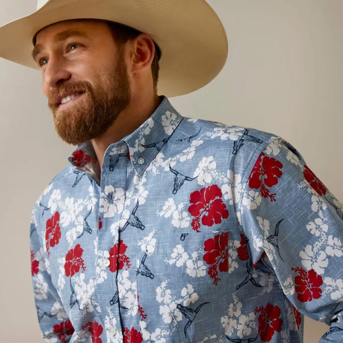 Wrinkle Resist Red White And Blue Pareau Western Aloha Stretch Classic Fit Shirt Chambray Blue Men Ariat Button Down Shirts Wrinkle Resist Red White And Blue Pareau Western Aloha Stretch Classic Fit Shirt Chambray Blue Men Ariat Button Down Shirts