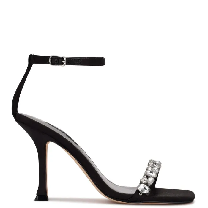 Yazmin Ankle Strap Dress Sandals Black Satin Crystal Women Nine West Heeled