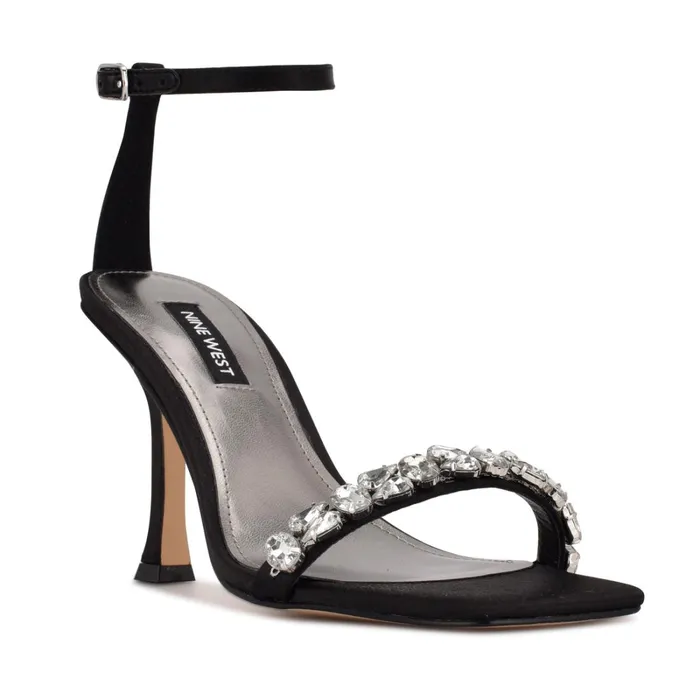 Yazmin Ankle Strap Dress Sandals Black Satin Crystal Women Nine West Heeled Yazmin Ankle Strap Dress Sandals Black Satin Crystal Women Nine West Heeled